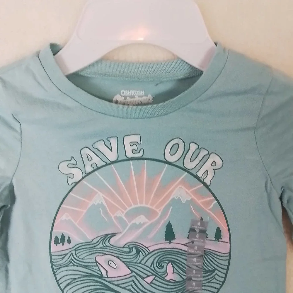 OshKosh Long Sleeve Cotton T-Shirt‎ Girl's Size 4 in Green w/ Ocean Graphic